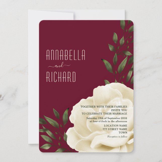 Invitation Mariage Floral Crème Bourgogne (Devant)
