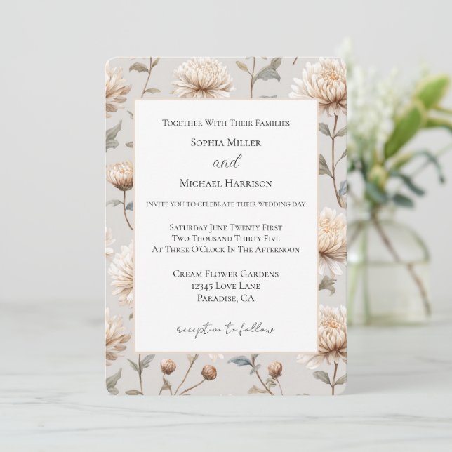 Invitation Mariage floral crème marron cacao (Debout devant)