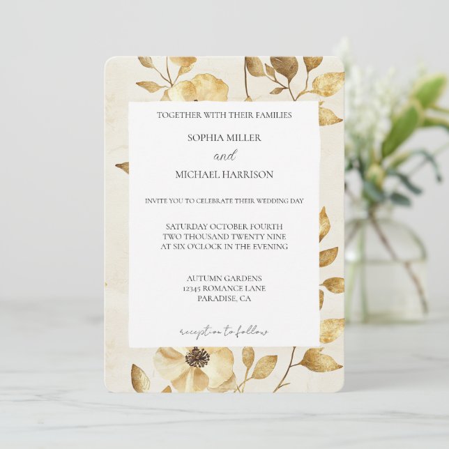 Invitation Mariage Floral Crème Or Romantique (Debout devant)
