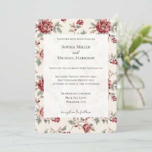 Invitation Mariage Floral Crème Rouge Assez Chic