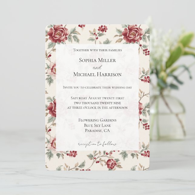 Invitation Mariage Floral Crème Rouge Assez Chic (Debout devant)