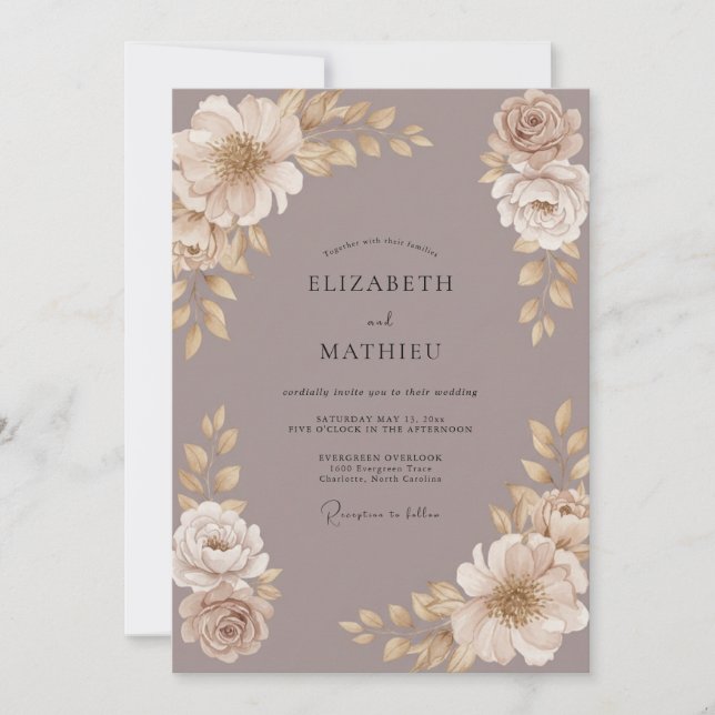 Invitation Mariage Floral Crème Taupe (Devant)