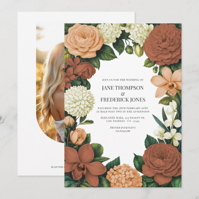 Invitation Mariage Floral Crème, Terracotte & Pêche (Devant / Derrière)