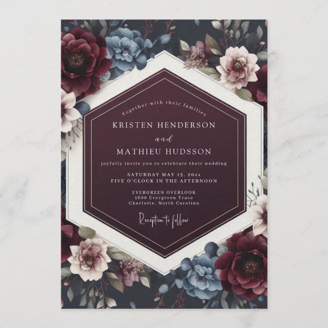 Invitation Mariage Floral Crépuscule Bordeaux (Devant)