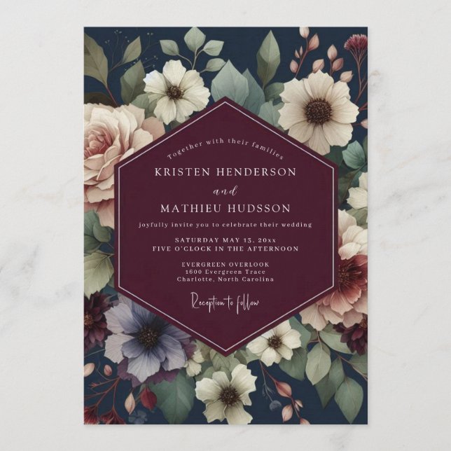 Invitation Mariage Floral Crépuscule Bourgogne (Devant)