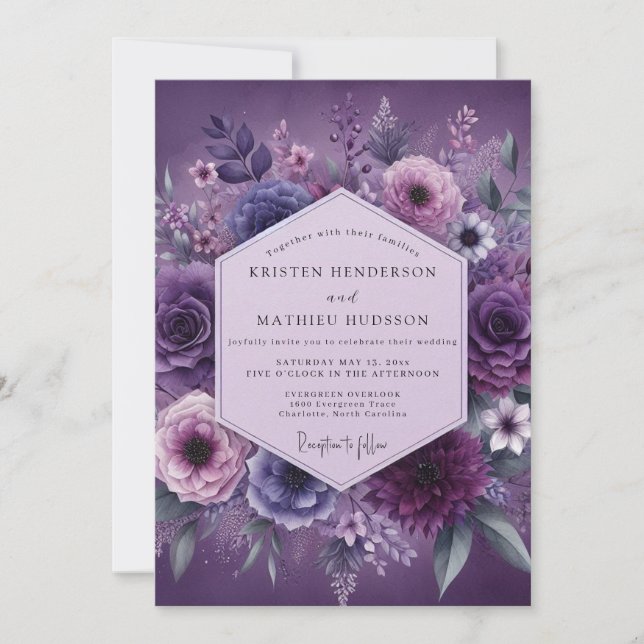 Invitation Mariage Floral Crépuscule Prune (Devant)