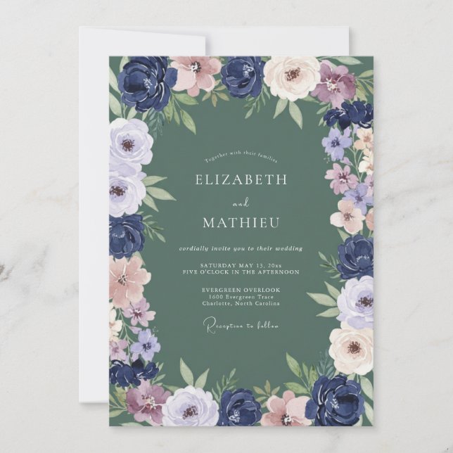 Invitation Mariage Floral Crépuscule Vert Sauge (Devant)