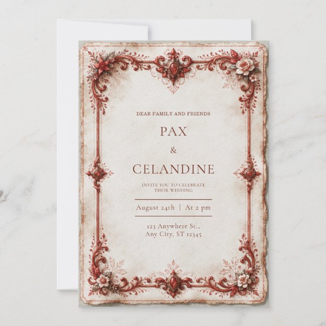 Invitation Mariage Floral Crimson aux Bords Décorés (Devant)