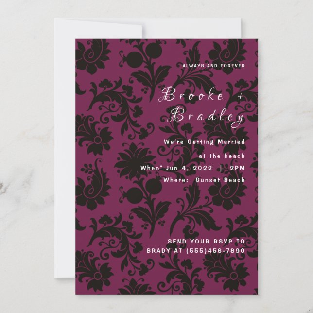 Invitation Mariage Floral Damask Rose Foncé (Devant)