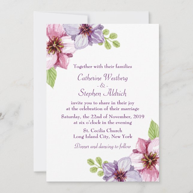 Invitation Mariage Floral d'aquarelle violette (Devant)