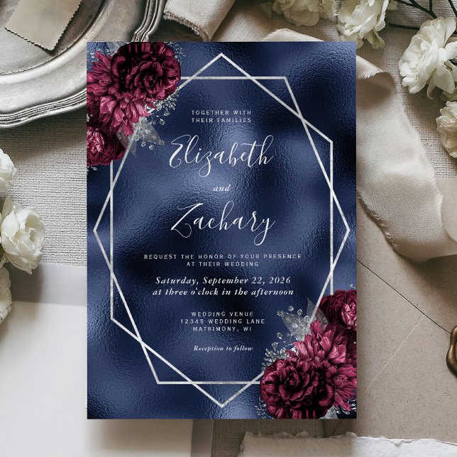 Invitation Mariage floral d'argent en argent de la marine Blu (Créateur téléchargé)