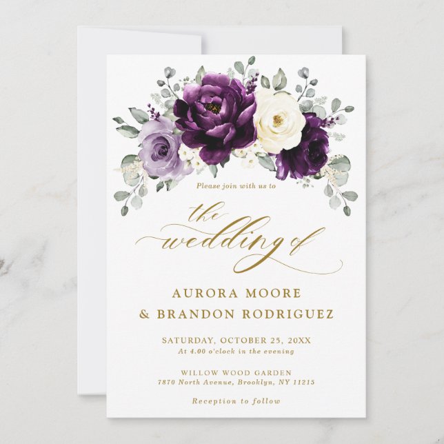 Invitation Mariage floral d'aubergine violet Plum ivoire or (Devant)