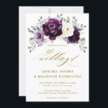 Invitation Mariage floral d'aubergine violet Plum ivoire or<br><div class="desc">Élégante faire-part de mariage fleurie du milieu de l'été avec un bouquet de pivoines roses aquarelles dans les tons de prune violette, de fleurs d'ivoire de champagne et de sauge, vert luxuriant eucalyptus feuilles. S'il vous plaît trouver d'autres modèles et variantes de mon magasin "blissweddingpaperie". Et n'hésitez pas à me...</div>