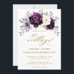 Invitation Mariage floral d'aubergine violet Plum ivoire or<br><div class="desc">Élégante faire-part de mariage fleurie du milieu de l'été avec un bouquet de pivoines roses aquarelles dans les tons de prune violette, de fleurs d'ivoire de champagne et de sauge, vert luxuriant eucalyptus feuilles. S'il vous plaît trouver d'autres modèles et variantes de mon magasin "blissweddingpaperie". Et n'hésitez pas à me...</div>