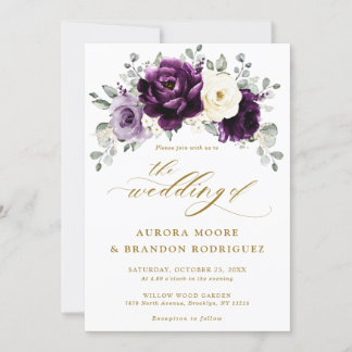 Invitation Mariage floral d'aubergine violet Plum ivoire or