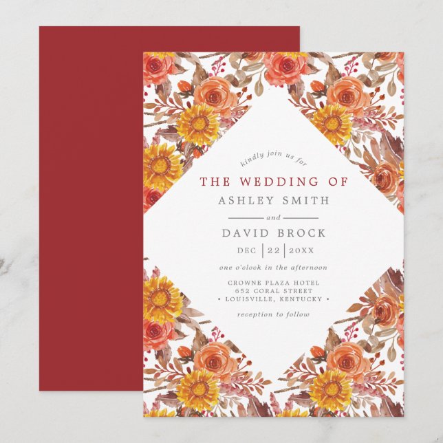 Invitation Mariage Floral d'Automne à l'Aquarelle Rustique (Devant / Derrière)