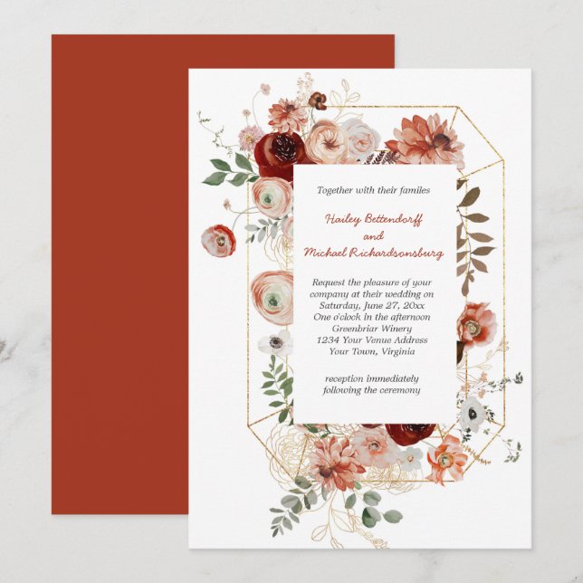 Invitation Mariage Floral d'Automne au Blush de Bourgogne Mar (Devant / Derrière)