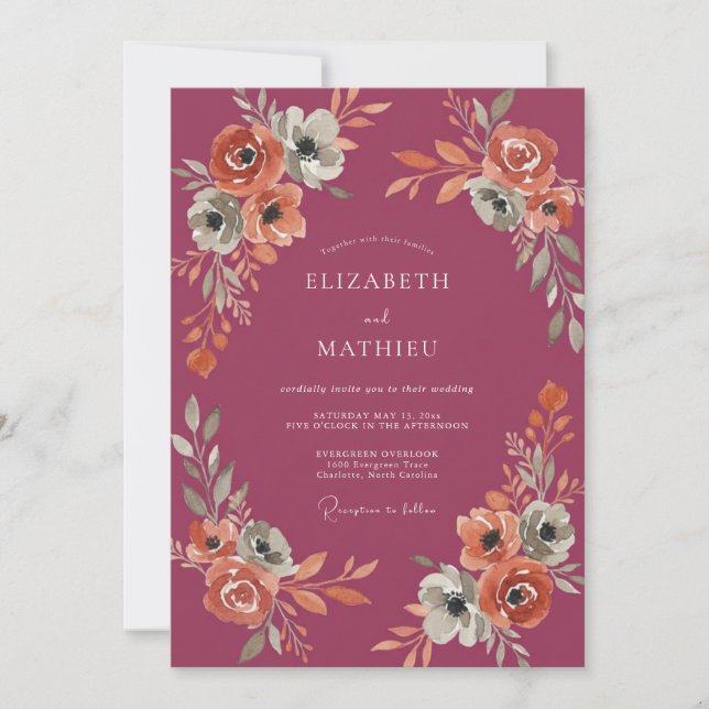 Invitation Mariage Floral d'Automne au Plum (Devant)