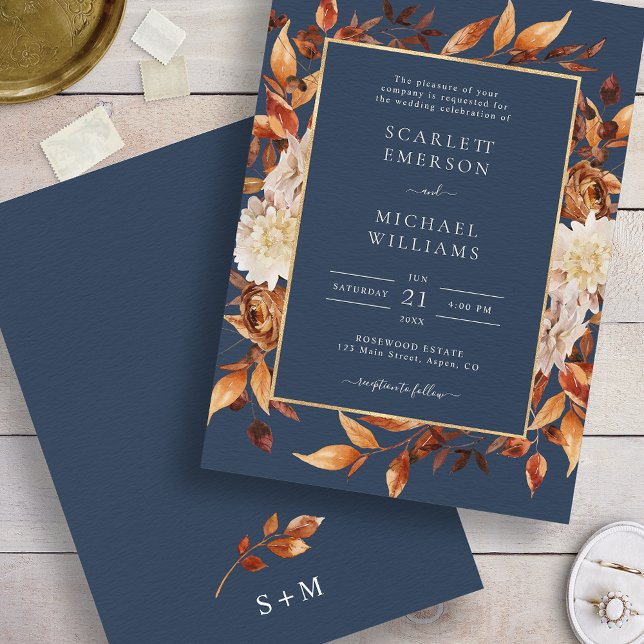 Invitation Mariage Floral d'Automne Bleu Marine (Navy Blue Fall Floral Wedding Invitation
)