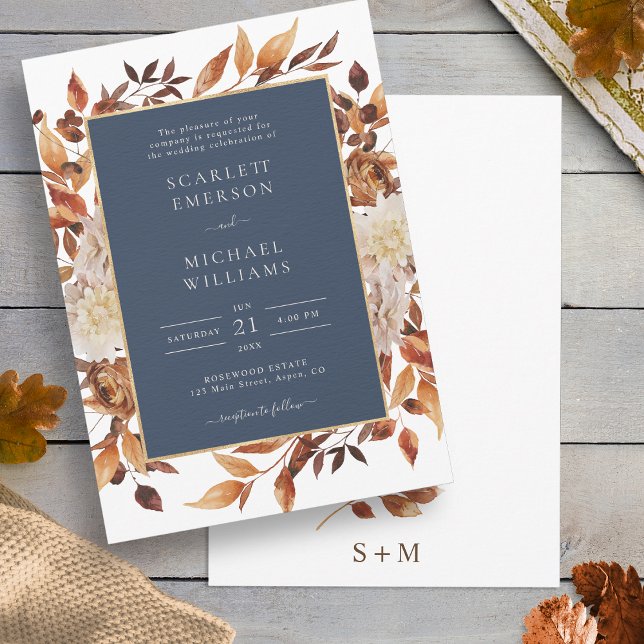 Invitation Mariage Floral d'Automne Bleu Marine (Navy Blue White Terracotta Fall Watercolor Floral Wedding Invitation by Painted Paperie
)