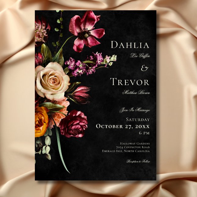 Invitation Mariage floral d'automne élégant foncé (Dark Elegant Autumn Floral Wedding Invitation)
