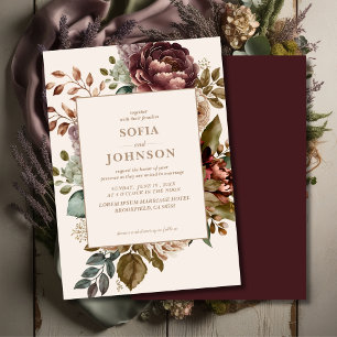 Invitation Mariage floral d'automne-hiver Rose foncée Ivoire