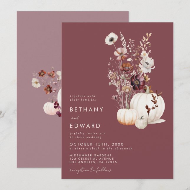 Invitation Mariage floral d'automne lunaire (Devant / Derrière)