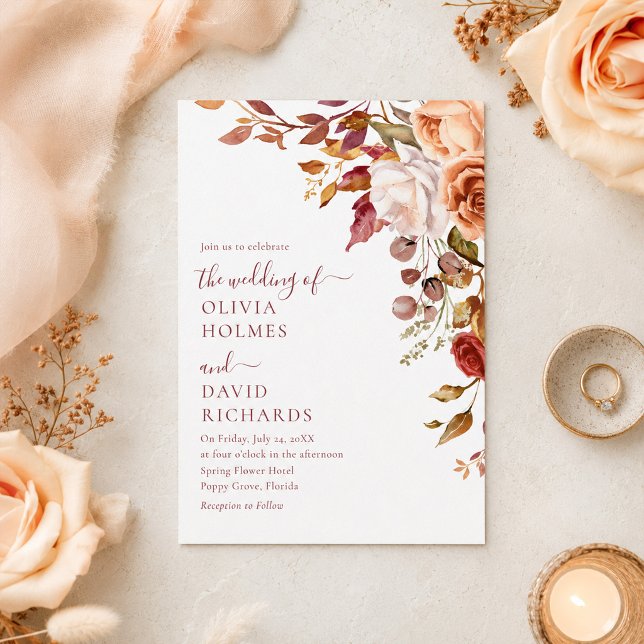 Invitation Mariage Floral d'Automne Orange Brûlé et Pêche (Burnt Orange & Peach Fall Floral Wedding Invitation)