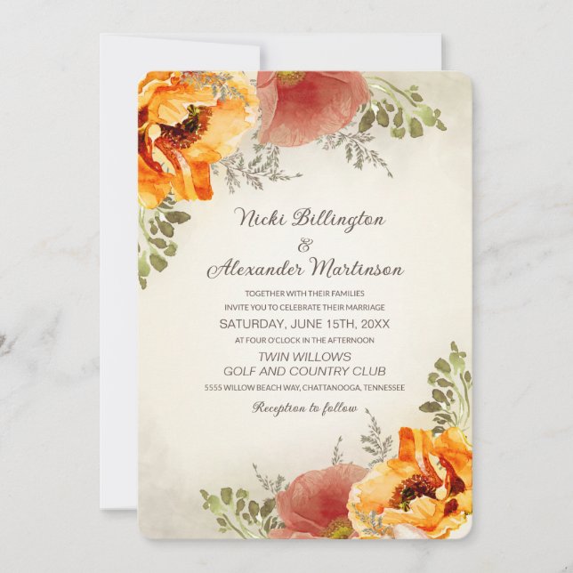 Invitation Mariage Floral d'Automne Orange Brûlé Rustique (Devant)