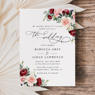 Invitation Mariage Floral d'Automne Rouge Bourgogne & Blush