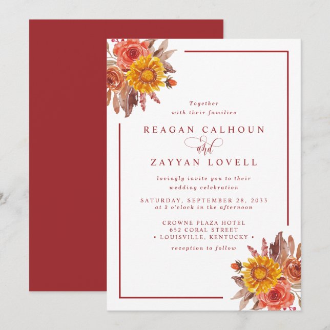 Invitation Mariage Floral d'Automne Rustique (Devant / Derrière)