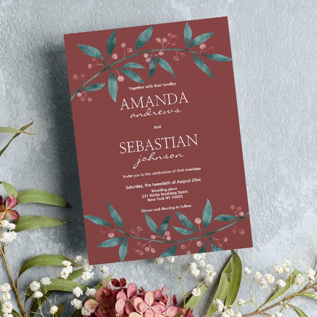 Invitation Mariage floral de baies bordeaux vert forêt (Forest green burgundy berries floral Wedding )