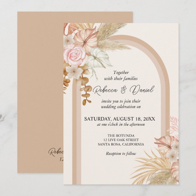 Invitation Mariage floral de Boho neutre rustique (Devant / Derrière)