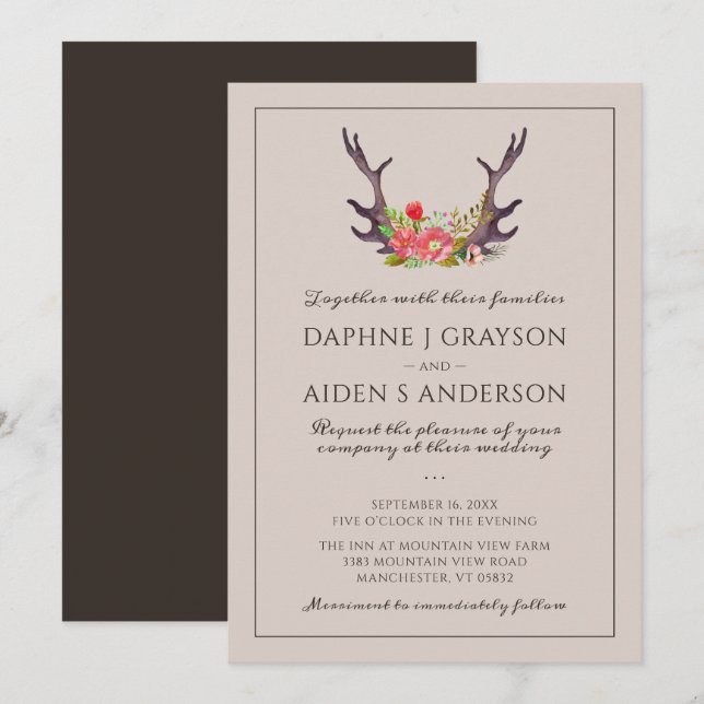 Invitation Mariage Floral de Bois de Cerf de Campagne (Devant / Derrière)