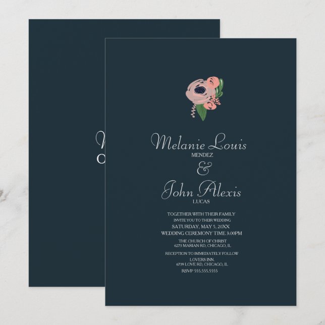 Invitation Mariage Floral de Botanique de Rose Rose Minimalis (Devant / Derrière)