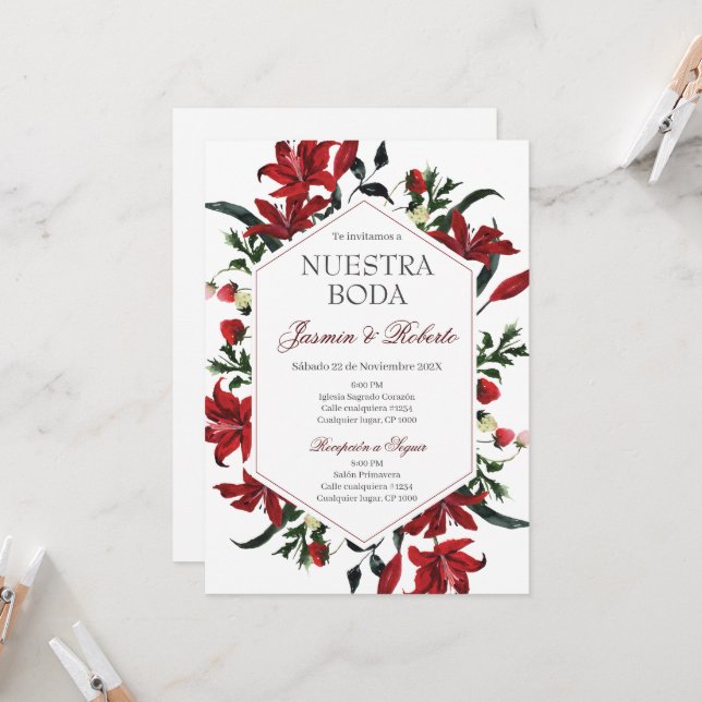 Invitation Mariage Floral de Bourgogne (Devant/Arrière en situation)