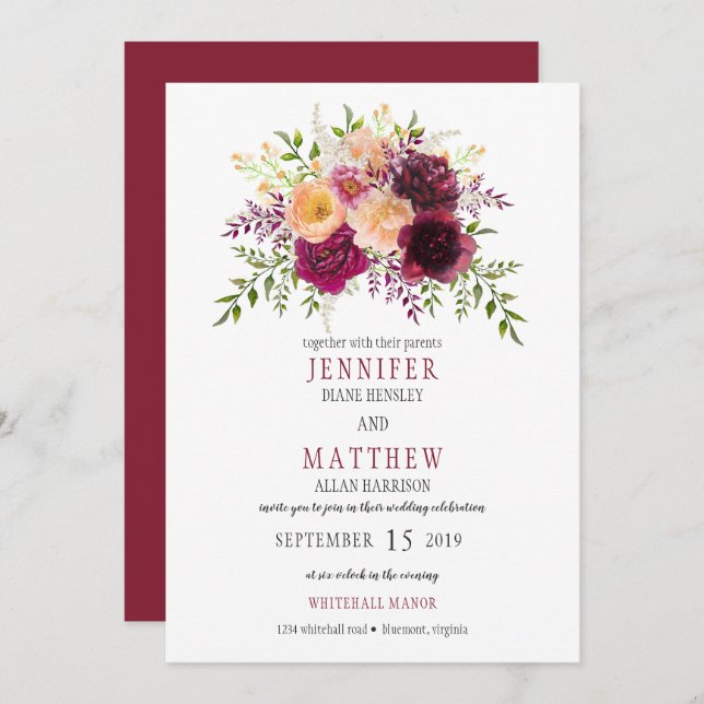 Invitation Mariage floral de Bourgogne et de Pêche | (Devant / Derrière)