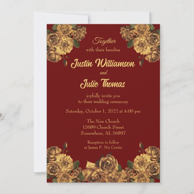 Invitation Mariage floral de Bourgogne et d'or (Devant)