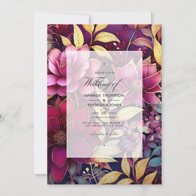 Invitation Mariage floral de Bourgogne et d'or (Devant)