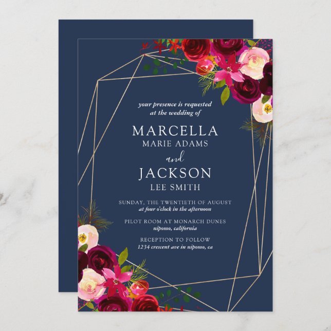 Invitation Mariage floral de Bourgogne et Marine (Devant / Derrière)