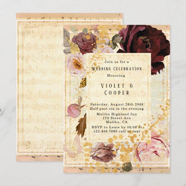 Invitation Mariage floral de Bourgogne et rose pâle (Devant / Derrière)