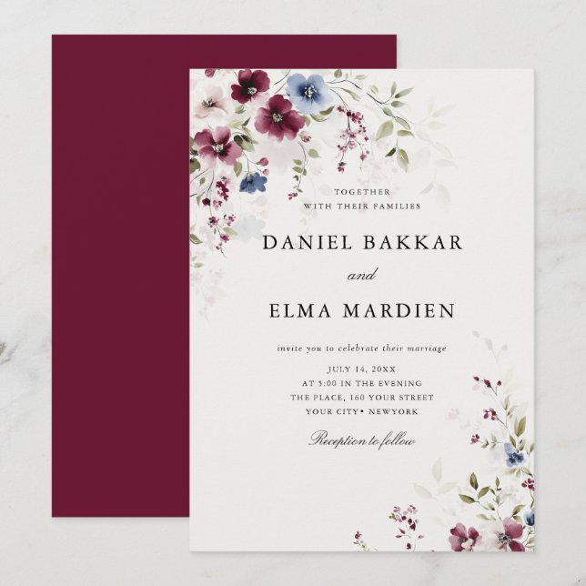 Invitation Mariage floral de Bourgogne moderne (Devant / Derrière)