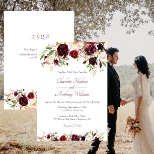 Invitation Mariage floral de Bourgogne profonde avec RSVP