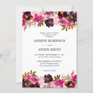 Invitation Mariage floral de Bourgogne, rose et violet chaud 