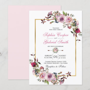 Invitation Mariage floral de branche de pin de rose rose de