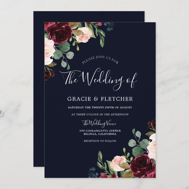 Invitation Mariage floral de Burgundy de la Marine profonde (Devant / Derrière)
