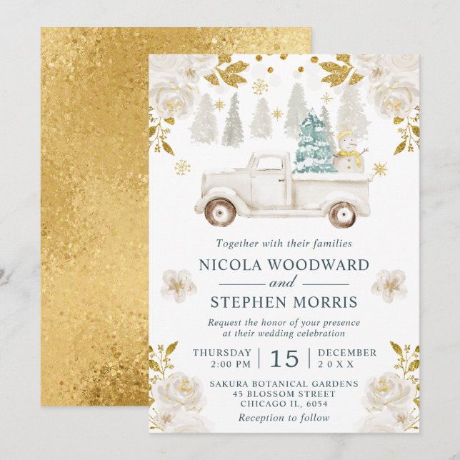 Invitation Mariage Floral de Camion Blanc et Or Hiver (Devant / Derrière)