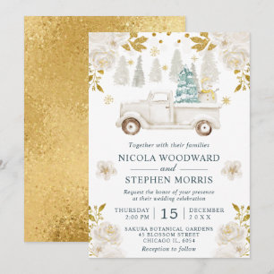 Invitation Mariage Floral de Camion Blanc et Or Hiver