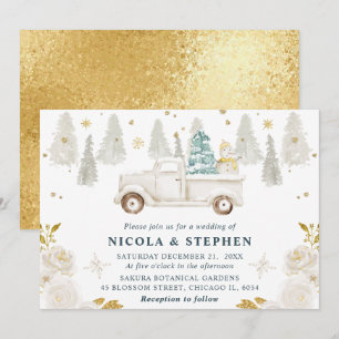 Invitation Mariage Floral de Camion Blanc et Or Hiver