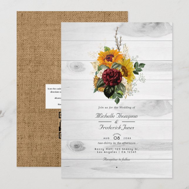 Invitation Mariage Floral de Campagne Automne Rustique Code Q (Devant / Derrière)